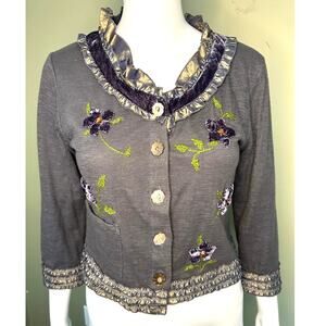 Cordelia Cardigan Sweater Purple Ruffly Embroidery Whimsigoth Artsy Womens M